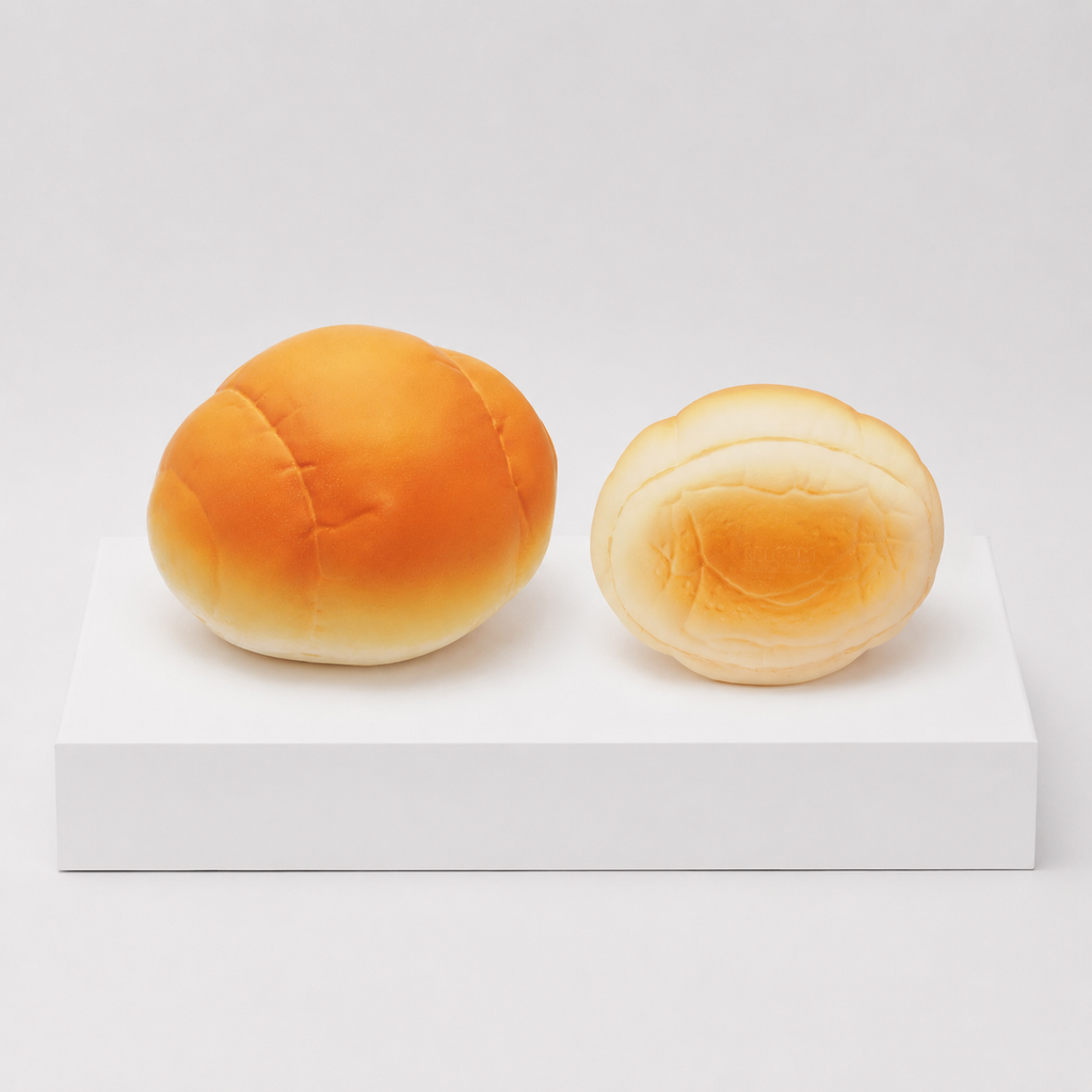 Two orange bread-roll squishies, one upright and one showing its underside