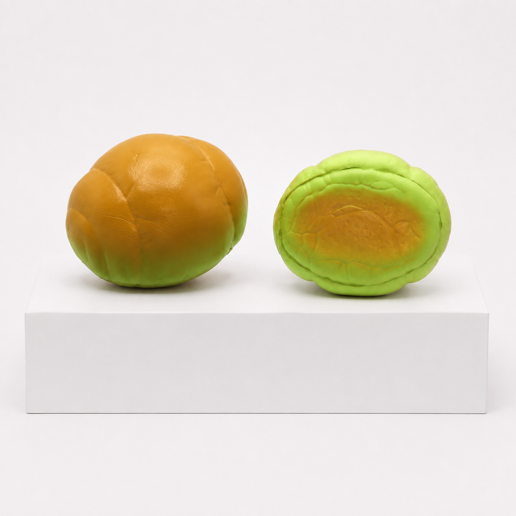 Two brown and green bread-roll squishies, one upright and one showing its underside