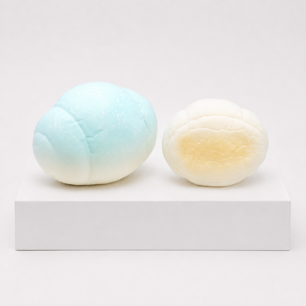 Two pale blue and cream bread-roll squishies, one upright and one showing its underside