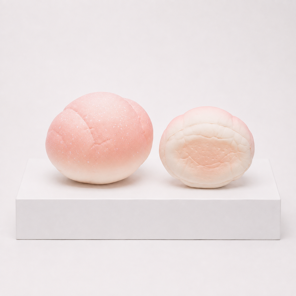 Two pink and cream bread-roll squishies, one upright and one showing its underside