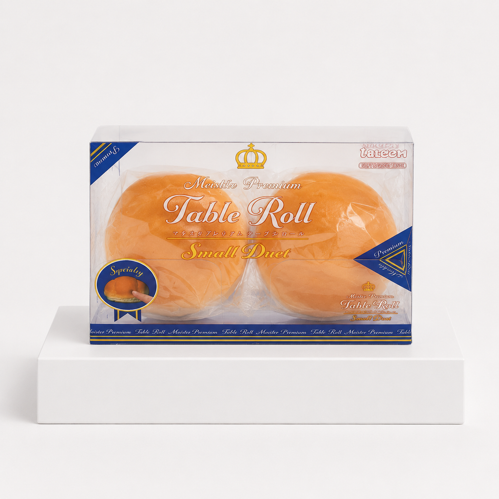 Two orange bread-roll squishies in a clear Table Roll Small Duet display box