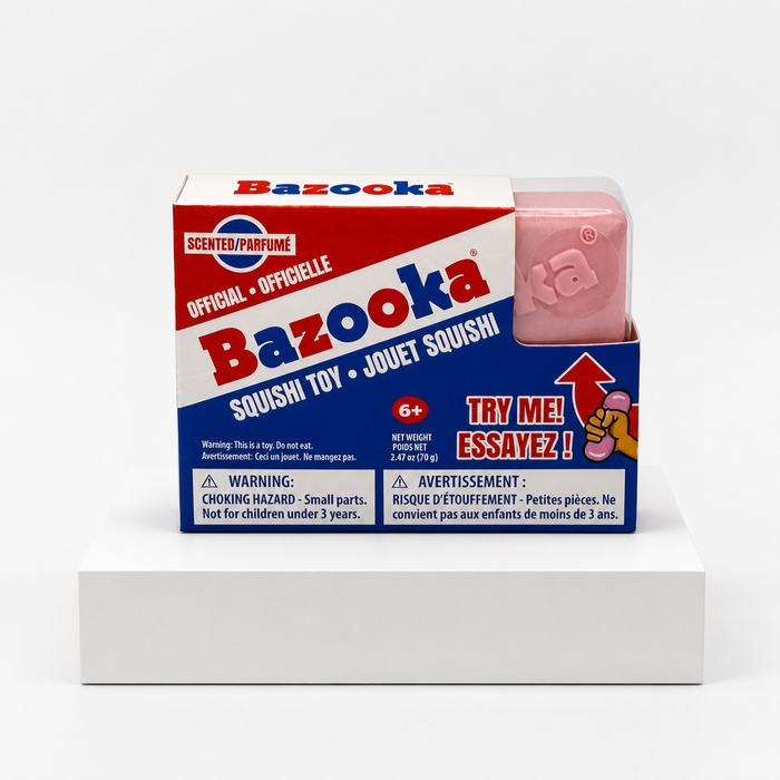 Bazooka scented squishy toy retail box, front view