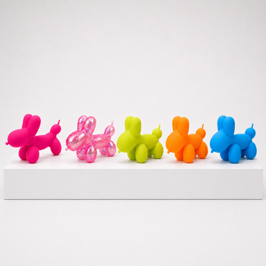 Five Irre-Squish-tible B'loon Dog toys in pink, glitter pink, green, orange and blue