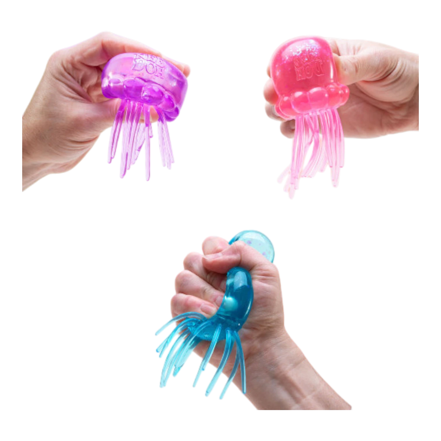 Squish Planet NeeDoh JellySquish fidget toy in purple, pink, and blue, shaped like a jellyfish with dangling tentacles.