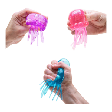 Squish Planet NeeDoh JellySquish fidget toy in purple, pink, and blue, shaped like a jellyfish with dangling tentacles.
