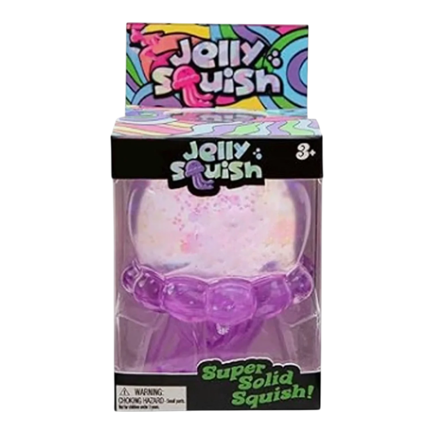 Squish Planet NeeDoh JellySquish fidget toy, a purple, translucent, jelly-like ball filled with glittery pink and white beads, offering stress relief and sensory play.