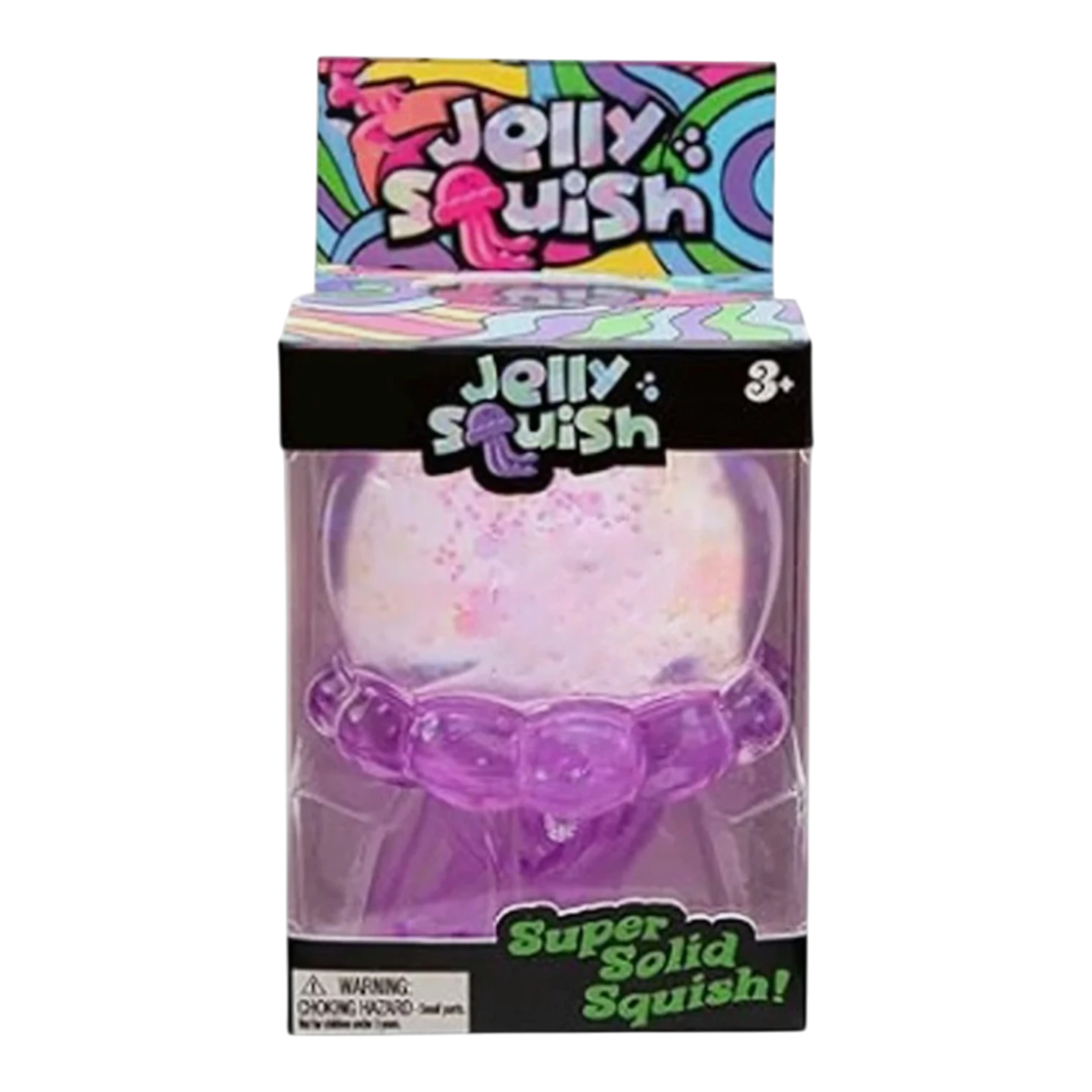 Squish Planet NeeDoh JellySquish fidget toy, a purple, translucent, jelly-like ball filled with glittery pink and white beads, offering stress relief and sensory play.