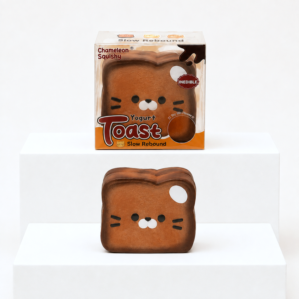 Brown Kawaii Cat Yogurt Toast squish toy with matching retail box