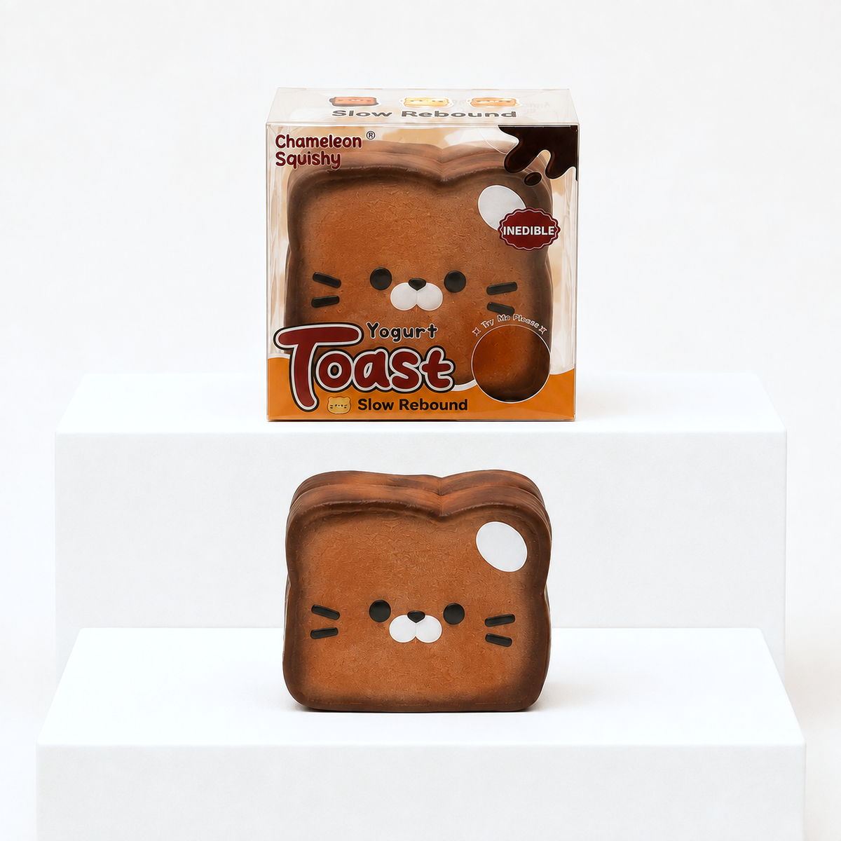 Brown Kawaii Cat Yogurt Toast squish toy with matching retail box