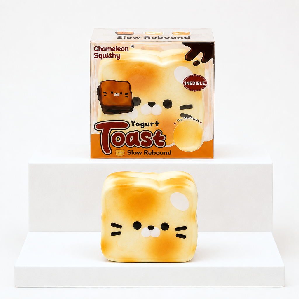 Cream Kawaii Cat Yogurt Toast squish toy with matching retail box