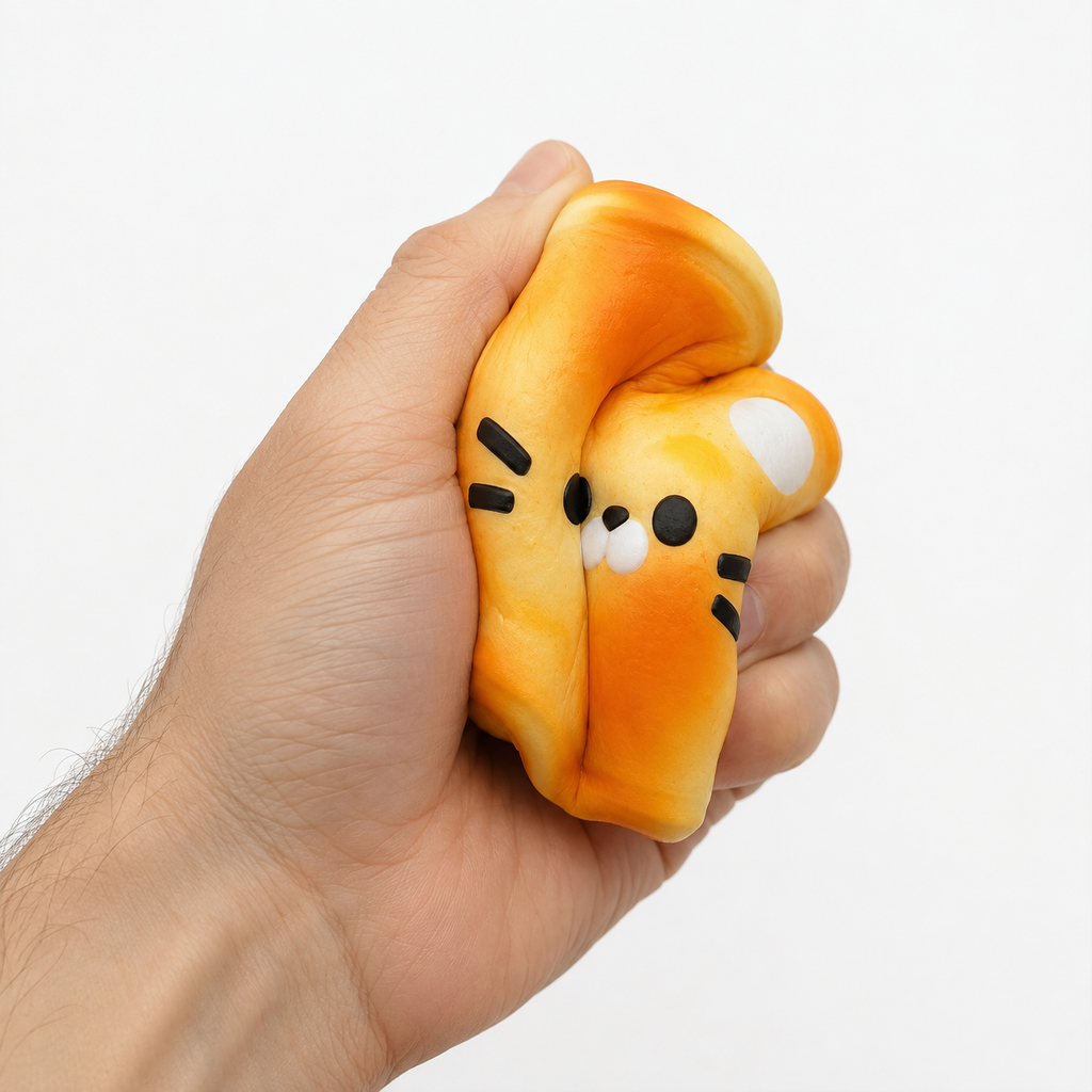 Hand squeezing an orange Kawaii Cat Yogurt Toast squish toy