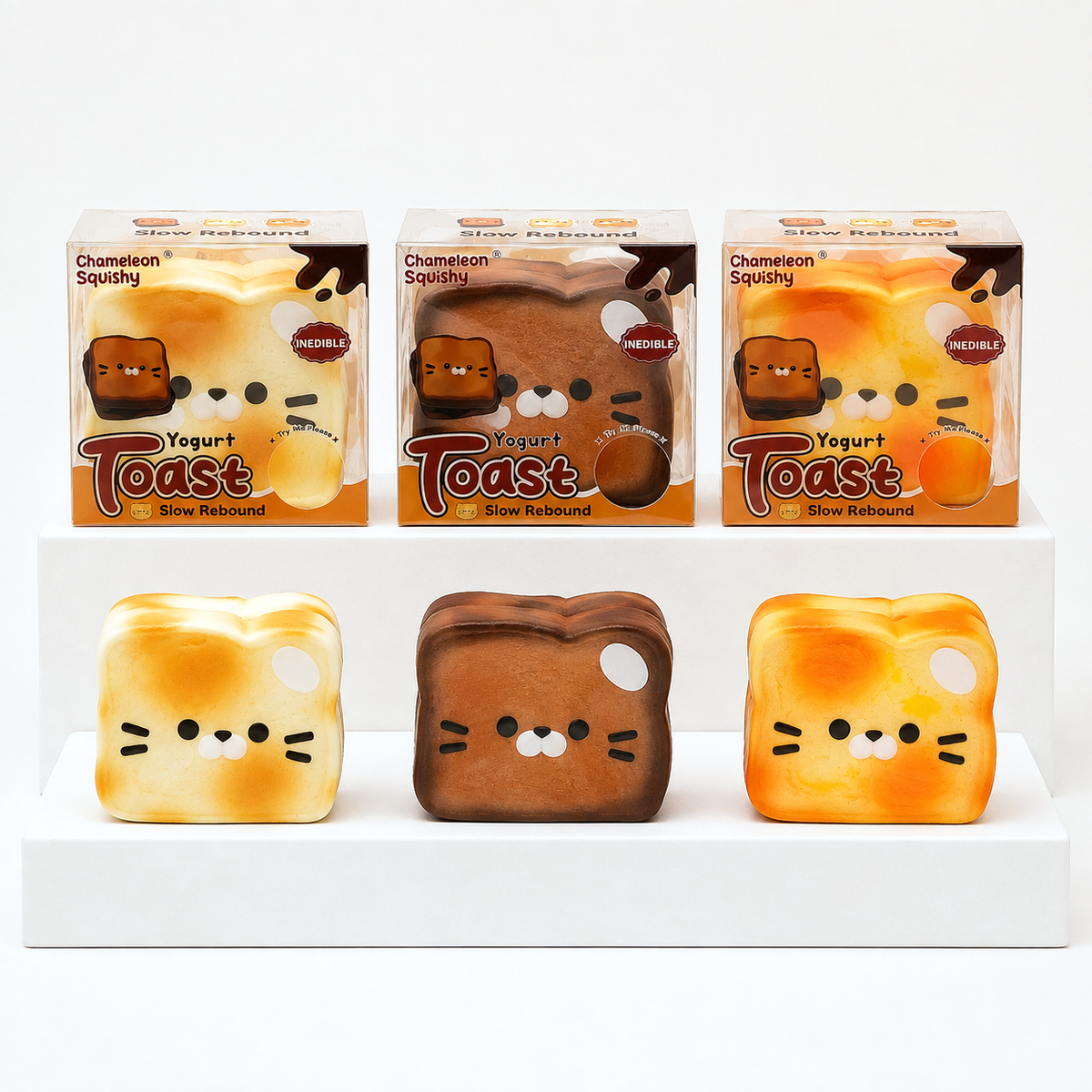 Kawaii Cat Yogurt Toast squish toys in three colors with matching retail boxes