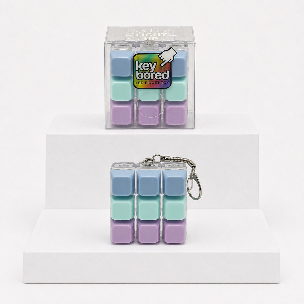 Blue-purple Key Bored LED fidget toy with matching clear box