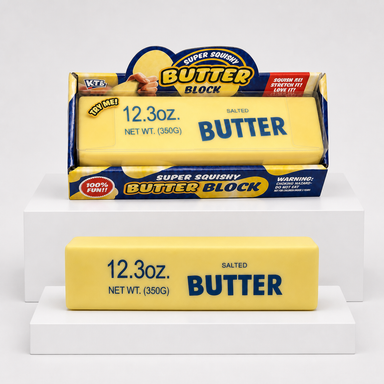 KTL Super Squishy Butter Block package above yellow butter-block toy
