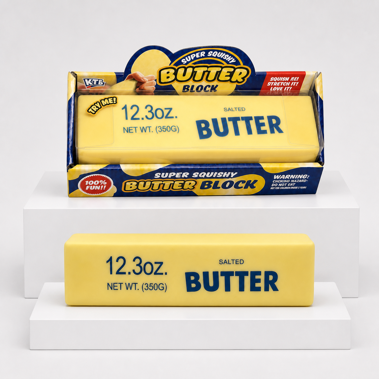 KTL Super Squishy Butter Block package above yellow butter-block toy