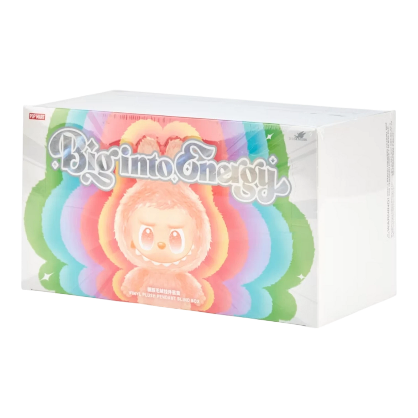 Squish Planet Pop Mart Labubu Big into Energy Series vinyl plush pendant blind box case with 6 sealed boxes. Features colorful rainbow background and character art.