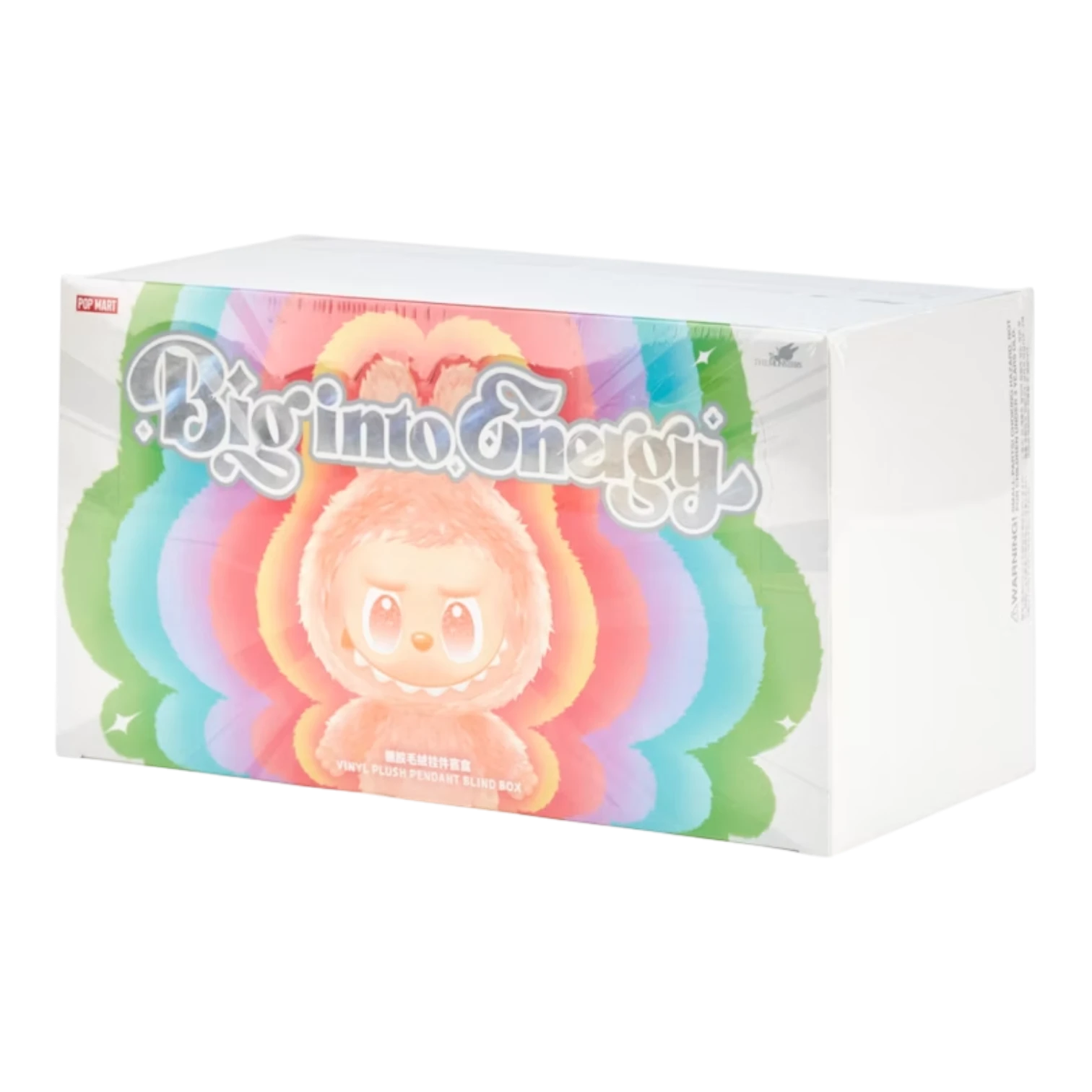 Squish Planet Pop Mart Labubu Big into Energy Series vinyl plush pendant blind box case with 6 sealed boxes. Features colorful rainbow background and character art.