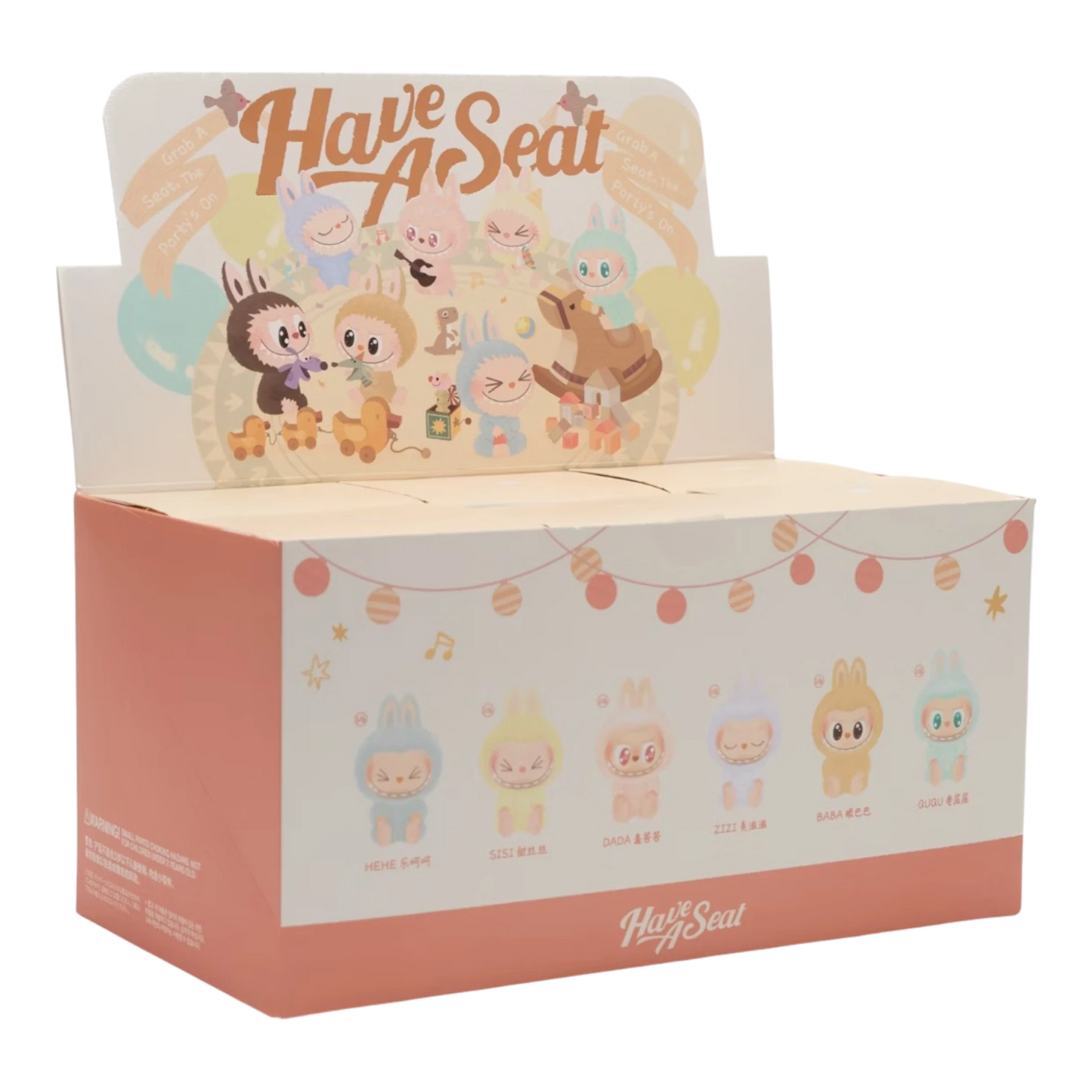 Squish Planet Pop Mart Labubu The Monsters Have a Seat vinyl plush blind box case with 6 sealed boxes.