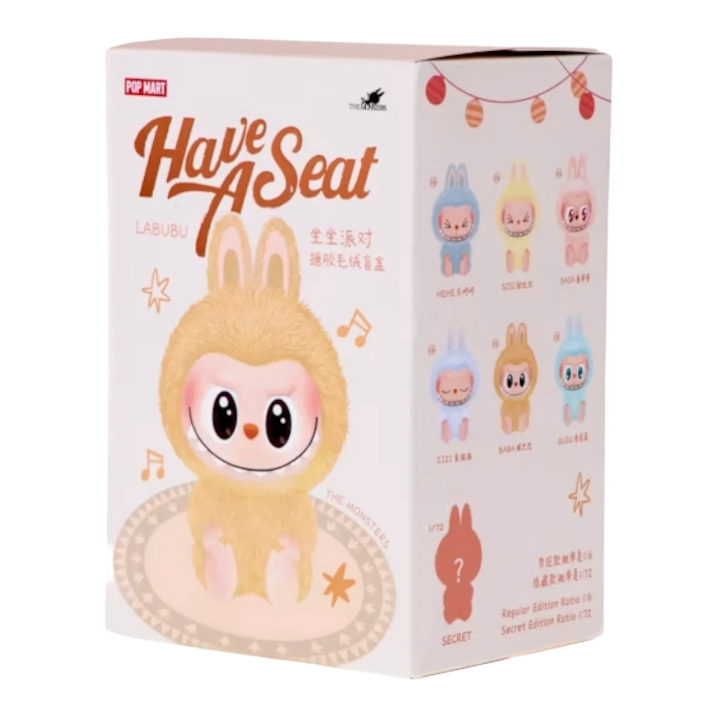 Pop Mart Labubu The Monsters Have a Seat Series blind box featuring a fuzzy yellow creature with big eyes, sitting on a rug. Includes collectible pendant figures.