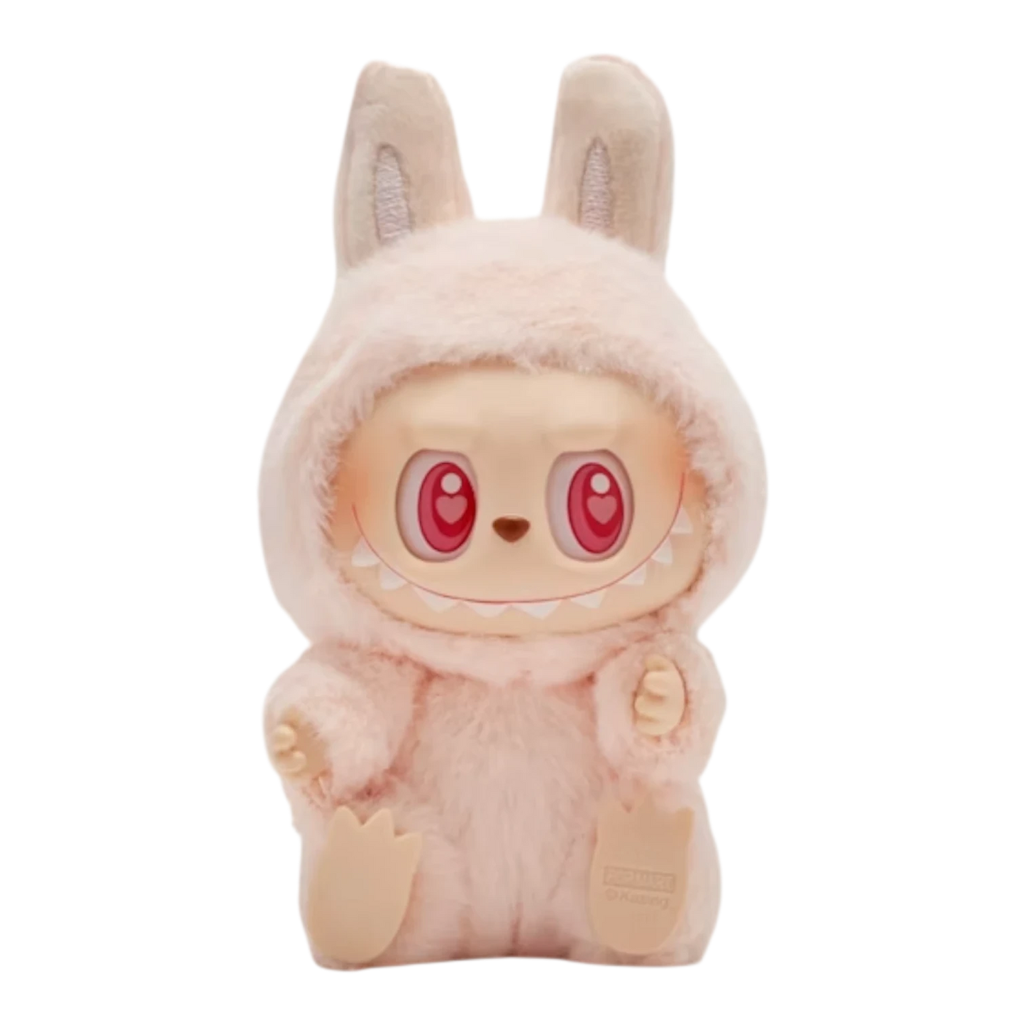 Squish Planet Pop Mart Labubu The Monsters Have a Seat pink plush vinyl blind box figure with large red eyes and bunny ears.