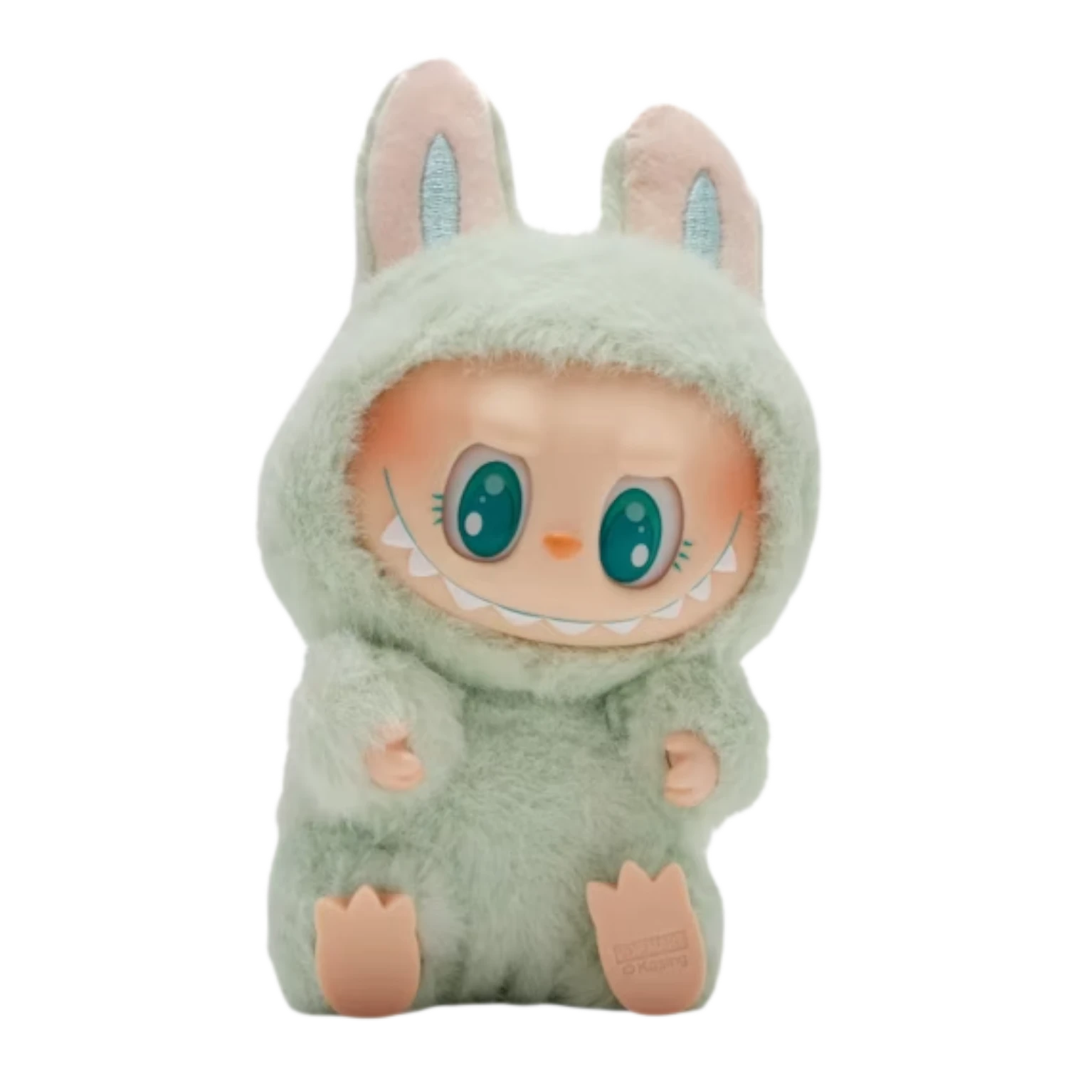 Squish Planet Labubu The Monsters Have a Seat mint green plush vinyl blind box figure with large eyes and sharp teeth.