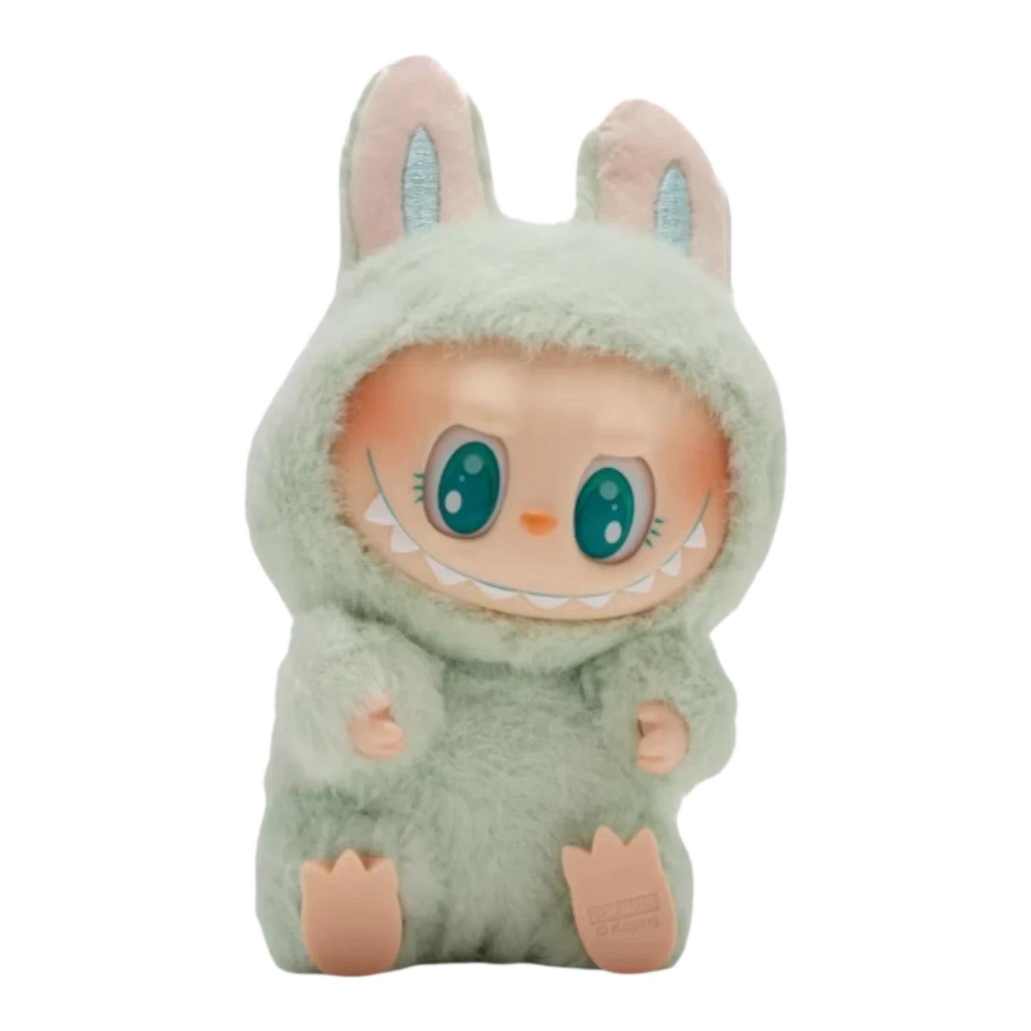 Squish Planet Labubu The Monsters Have a Seat Series mint green plush pendant figure with large teal eyes and sharp teeth.