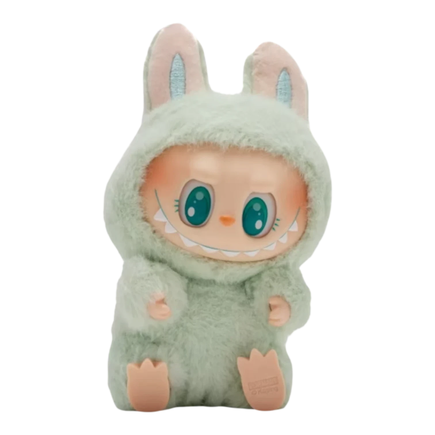 Squish Planet Labubu The Monsters Have a Seat Series mint green plush pendant figure with large teal eyes and sharp teeth.