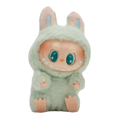 Squish Planet Labubu The Monsters Have a Seat Series mint green plush pendant figure with large teal eyes and sharp teeth.