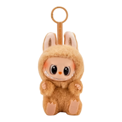 Squish Planet Labubu The Monsters Have a Seat Series vinyl plush pendant in brown with bunny ears and a keyring.