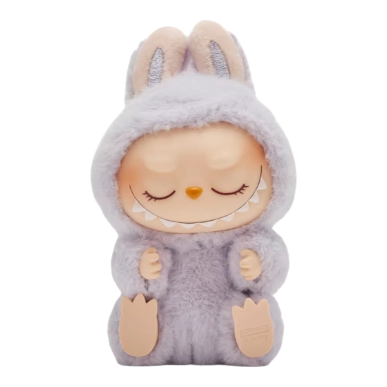 Squish Planet Pop Mart Labubu The Monsters Have a Seat vinyl plush figure in a fluffy grey bunny suit with closed eyes and a wide grin.