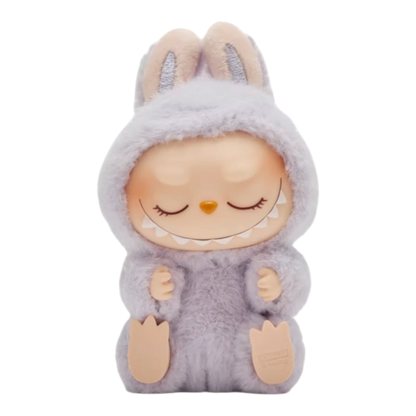 Squish Planet Pop Mart Labubu The Monsters Have a Seat vinyl plush figure in a fluffy grey bunny suit with closed eyes and a wide grin.