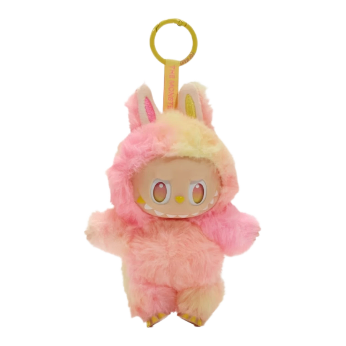 Squish Planet Labubu The Monsters Big into Energy Series vinyl plush pendant with pink and yellow tie-dye fur and bunny ears.
