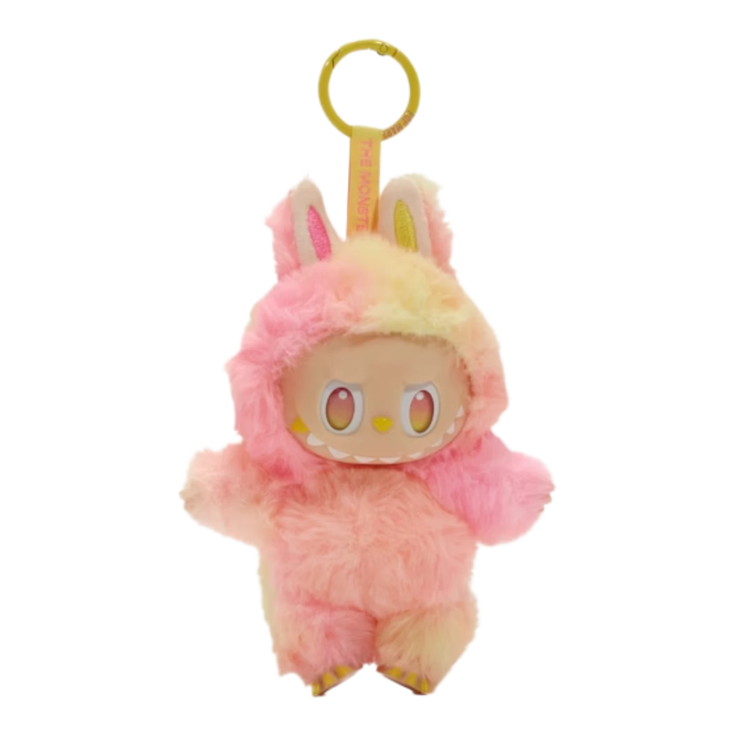 Squish Planet Labubu The Monsters Big into Energy Series vinyl plush pendant with pink and yellow tie-dye fur and bunny ears.