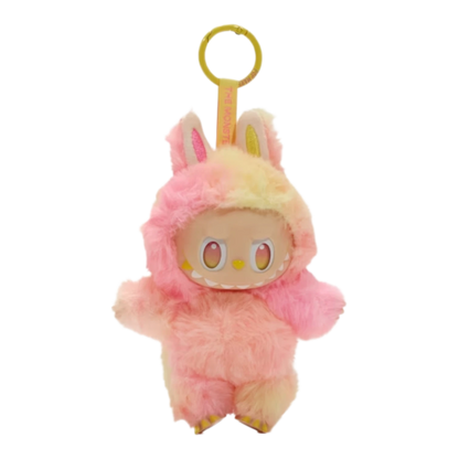 Squish Planet Labubu The Monsters Big into Energy Series vinyl plush pendant with pink and yellow tie-dye fur and bunny ears.