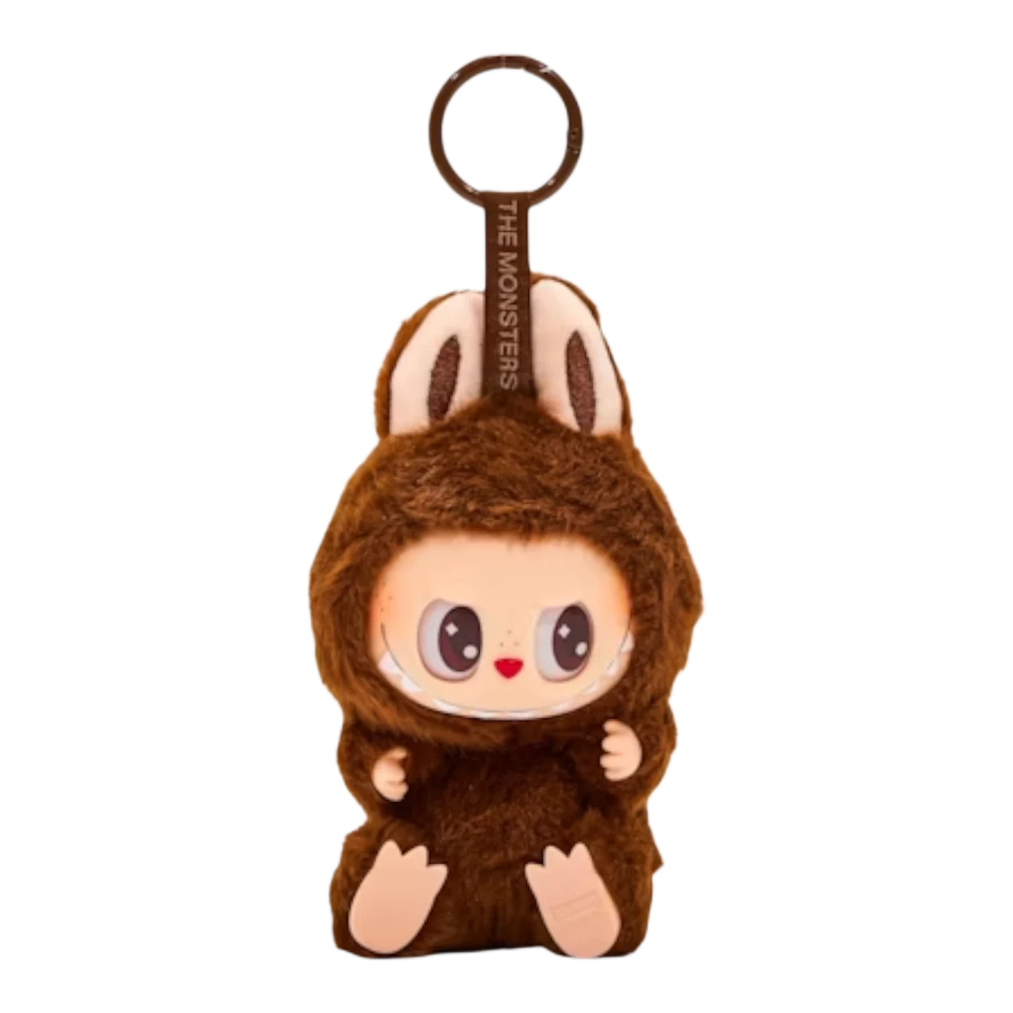 Squish Planet Labubu The Monsters Have a Seat Series vinyl plush pendant, brown fuzzy monster with big eyes and seated pose.