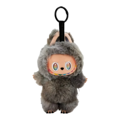 Squish Planet Labubu The Monsters Big into Energy Series grey plush pendant with rainbow mouth detail and keychain ring.