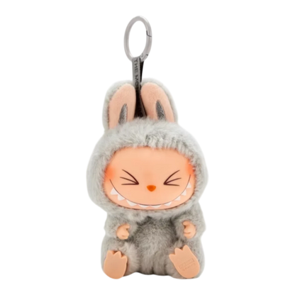 Squish Planet Labubu The Monsters Have a Seat grey plush vinyl figure with bunny ears and a keyring.