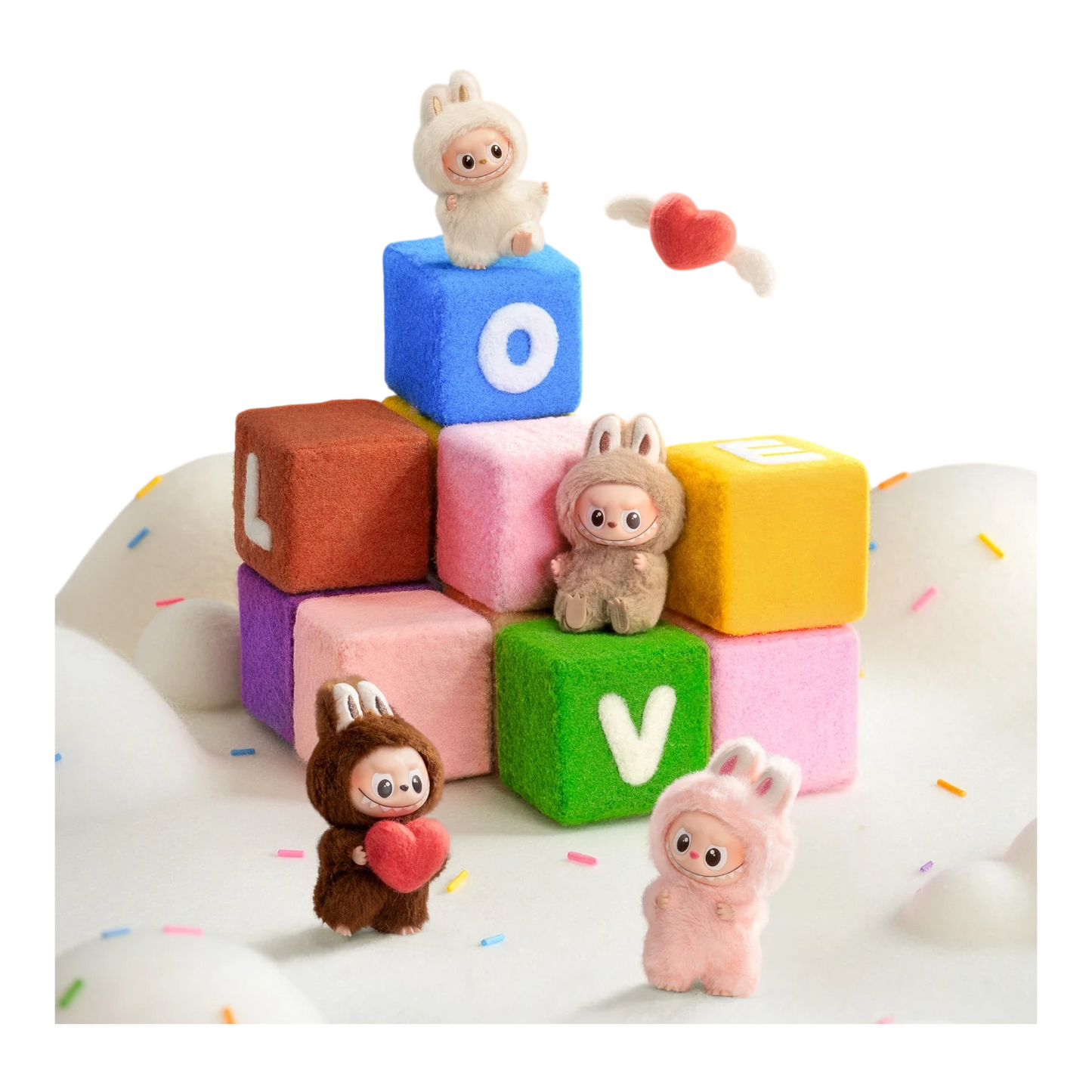 Squish Planet Pop Mart Labubu Monsters Pin for Love series vinyl plush pendant blind box. Features plush figures in pink, brown, and cream.