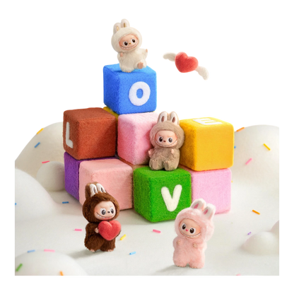 Squish Planet Pop Mart Labubu Monsters Pin for Love series vinyl plush pendant blind box. Features plush figures in pink, brown, and cream.