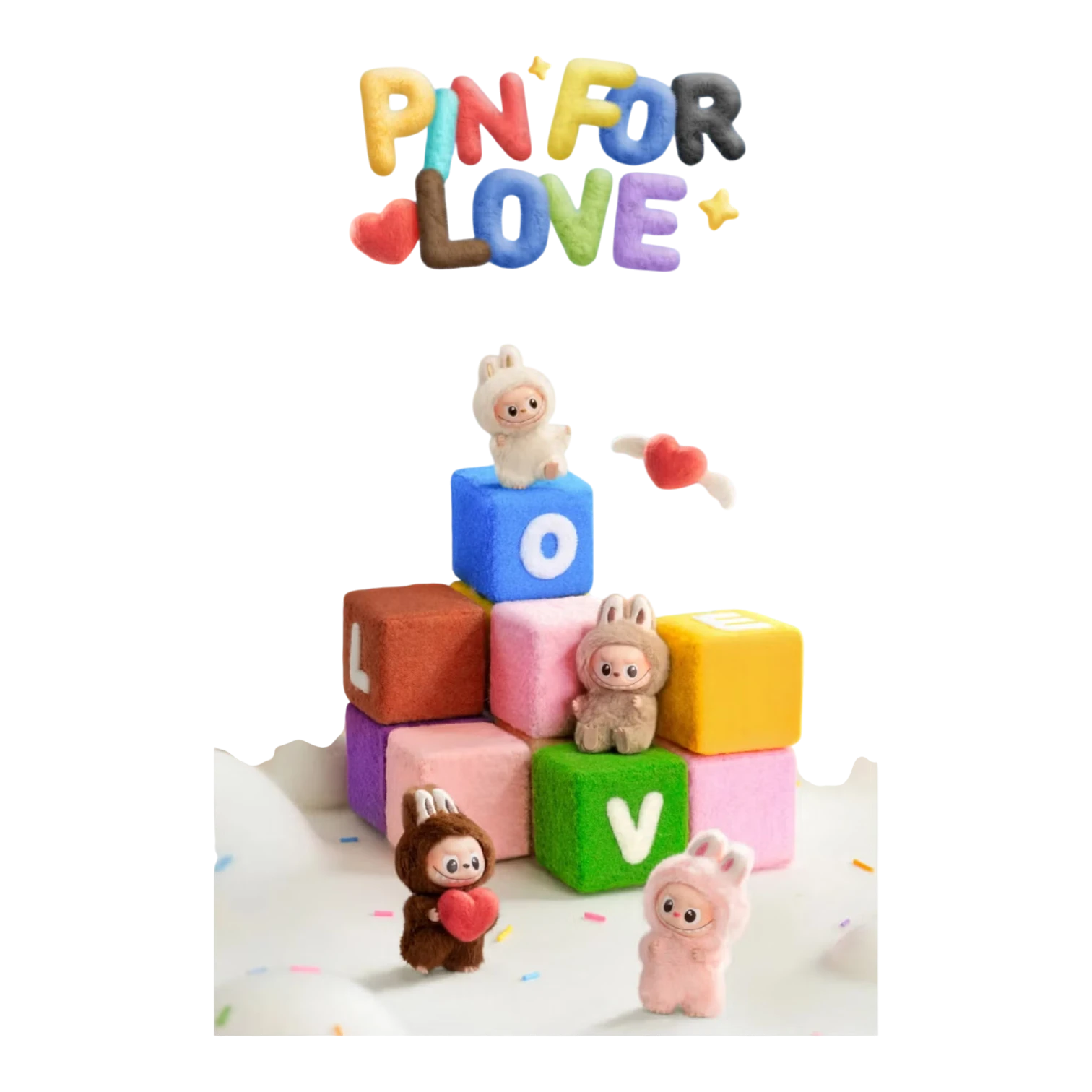 Squish Planet Labubu The Monsters Pin for Love Series vinyl plush pendant blind box, featuring cute characters on colorful blocks.