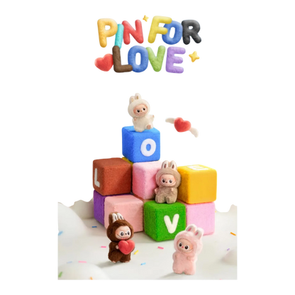 Squish Planet Labubu The Monsters Pin for Love Series vinyl plush pendant blind box, featuring cute characters on colorful blocks.
