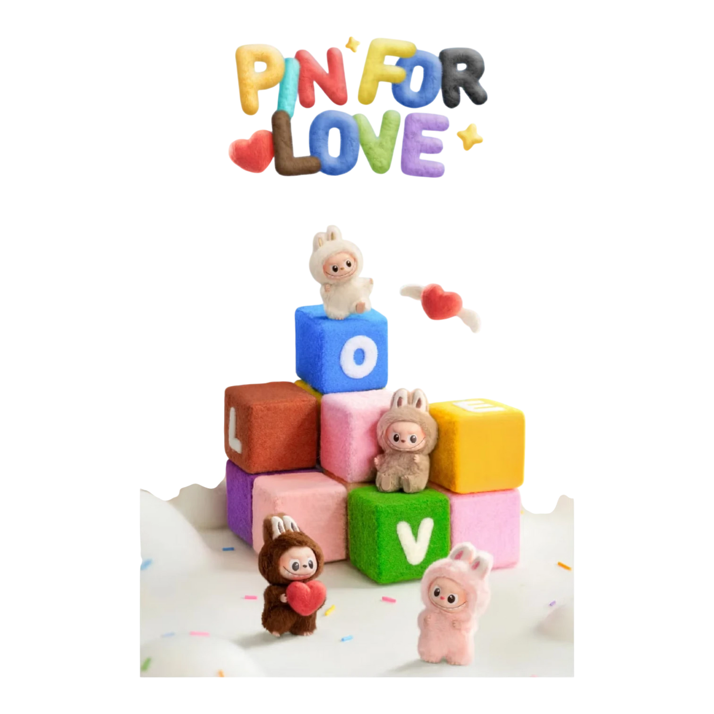 Squish Planet Pop Mart Labubu Pin for Love series vinyl plush pendant blind box collectible. Features plush figures with heart details on colorful blocks.