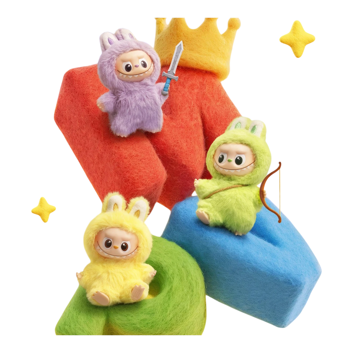 Squish Planet Labubu The Monsters Pin for Love Series plush pendant in yellow, purple, and green. Collectible toy with blind box.