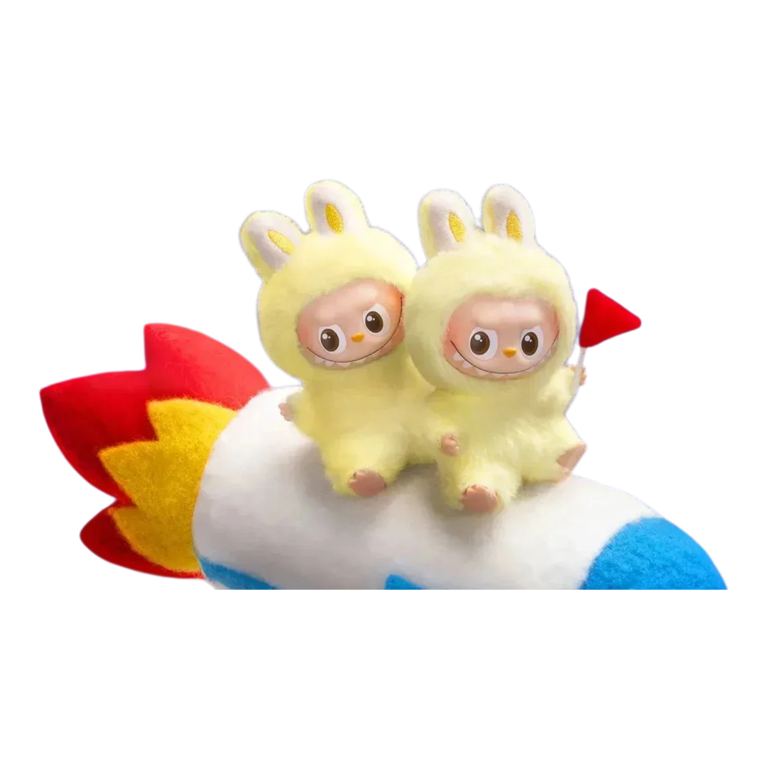 Squish Planet Pop Mart Labubu Monsters Pin for Love series yellow plush pendant on rocket with red flag