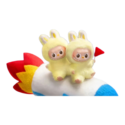 Squish Planet Pop Mart Labubu Monsters Pin for Love series yellow plush pendant on rocket with red flag