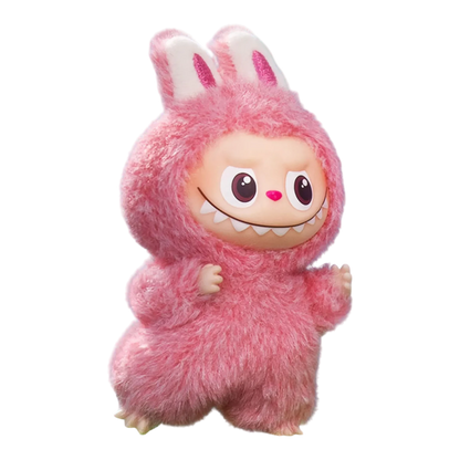 Squish Planet Labubu The Monsters Pin for Love Series pink plush vinyl pendant with bunny ears and sharp teeth.
