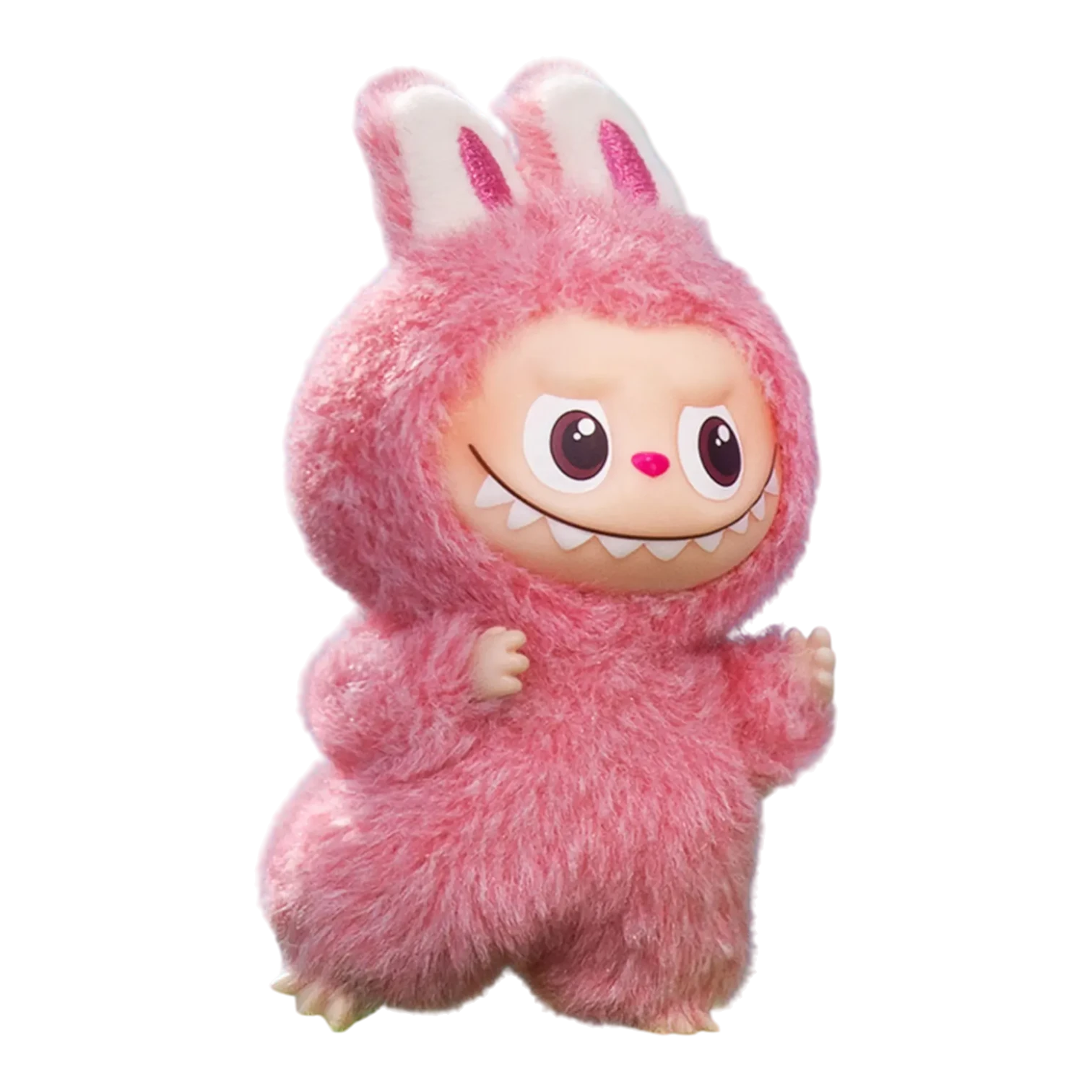 Squish Planet Labubu The Monsters Pin for Love Series pink plush vinyl pendant with bunny ears and mischievous grin.