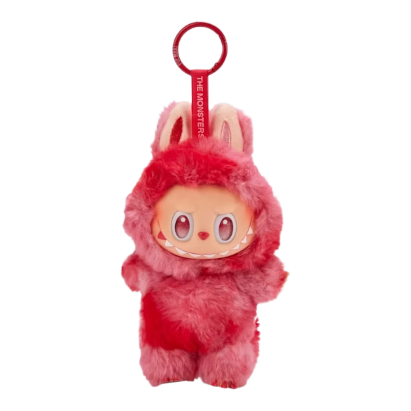 Squish Planet Labubu The Monsters Big into Energy Series plush pendant, fuzzy pink with red accents, attached to a red keyring.