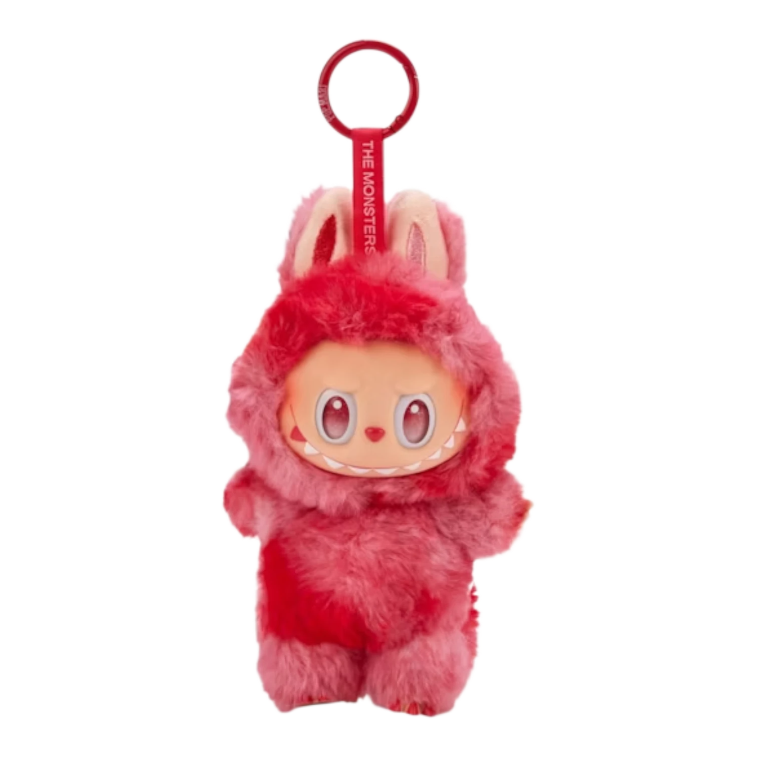 Squish Planet Labubu The Monsters Big into Energy Series plush pendant, fuzzy pink with red accents, attached to a red keyring.