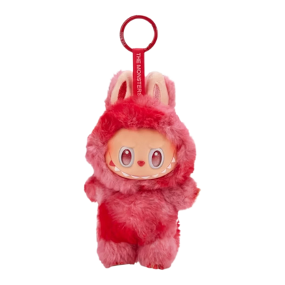 Squish Planet Labubu The Monsters Big into Energy Series plush pendant, fuzzy pink with red accents, attached to a red keyring.
